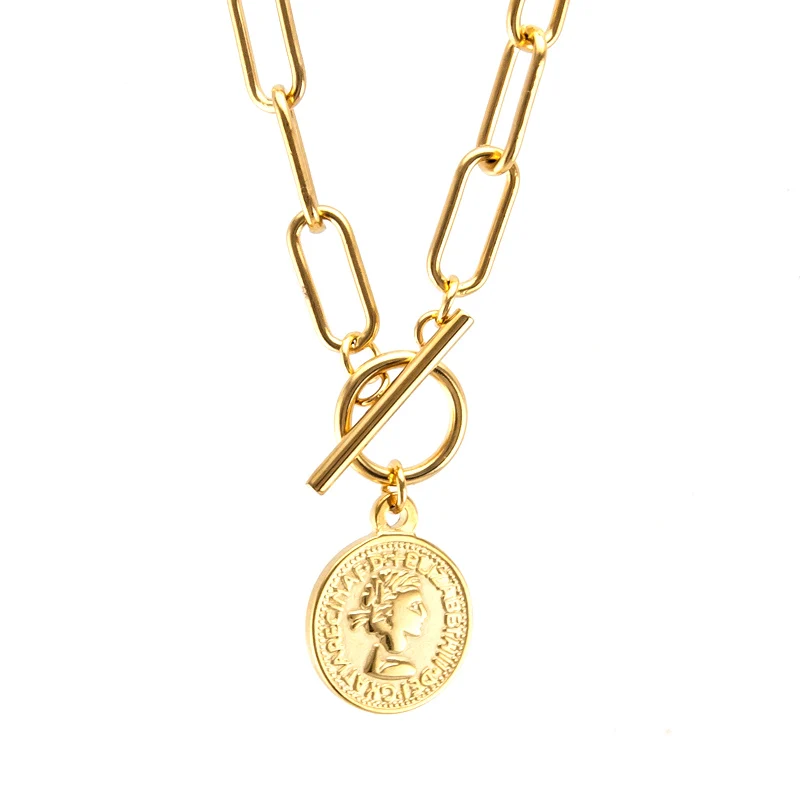 Винтажный браслет с резными монетами ожерелье для женщин из нержавеющей стали золотого цвета медальон-подвеска ожерелье длинное колье ювелирные изделия в стиле "Бохо" Колье