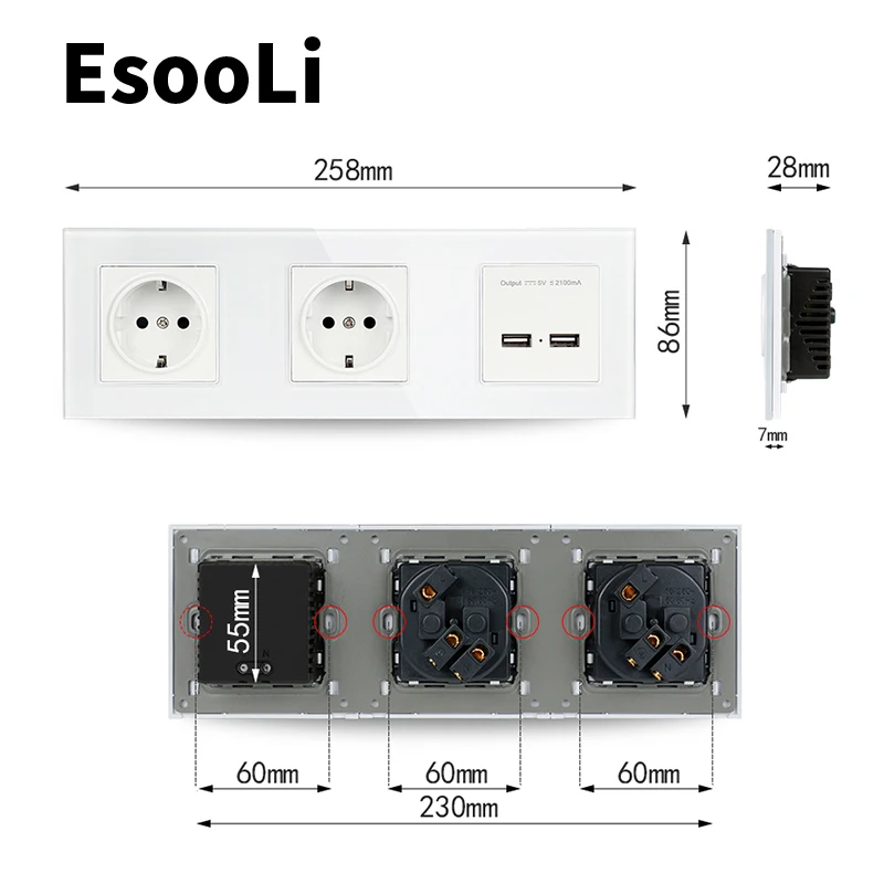 Электрическая розетка EsooLi 16 А 2 USB порта 5 В А|Электрические розетки| |