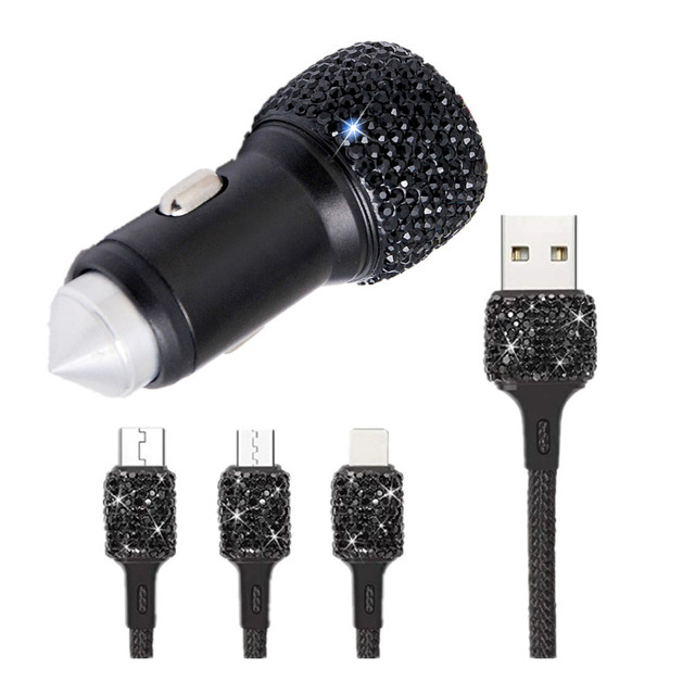 USB Car Charger 5V 2.1A Dual Port Fast Adapter with Type C Micro USB 3 In 1 Multi Charging Cable for IPhone Ipad Android