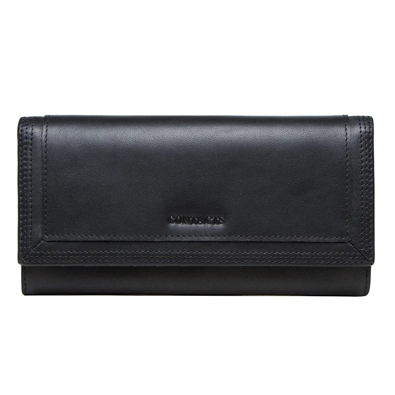 Contact's Fashion Women Wallets With Card Holder Genuine Leather Long Clutch Brand Design Female Coin Purses Cell Phone Pocket - Цвет: Black