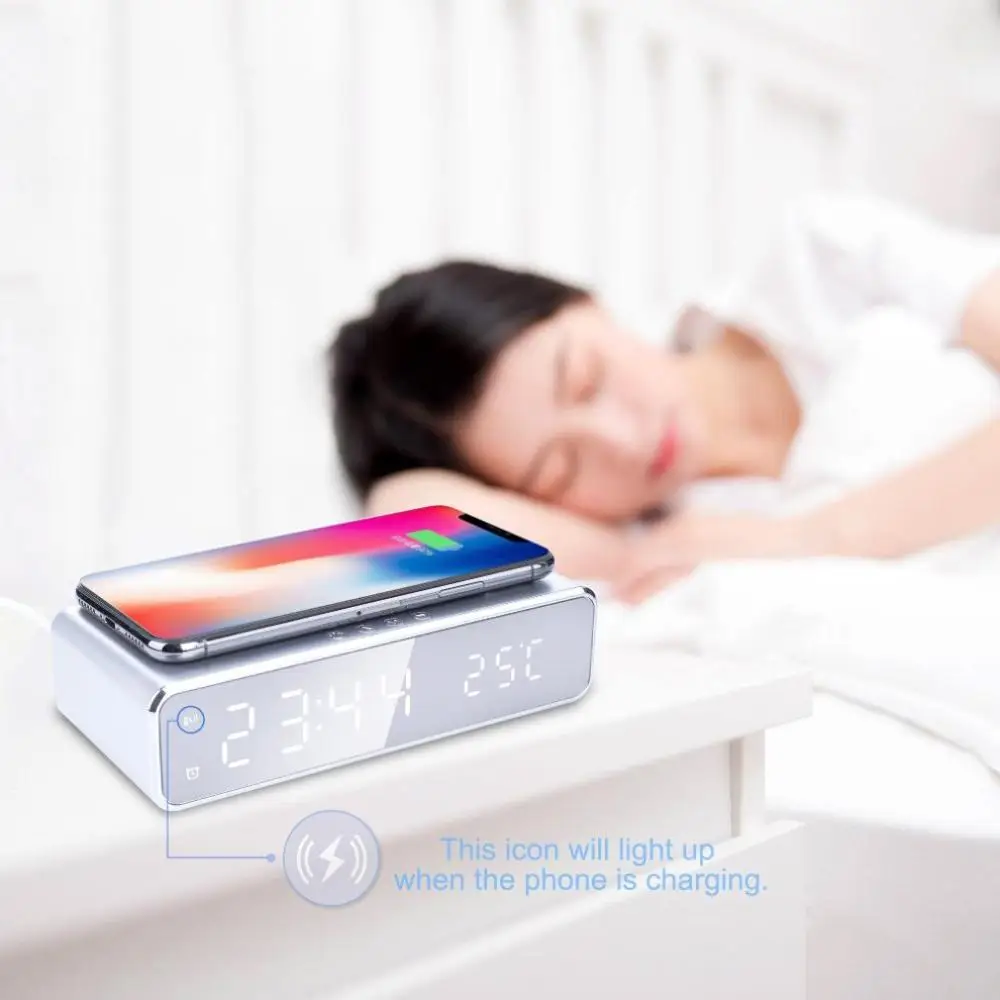

Electric Led Alarm Clock with Telephone Wireless Charger Desktop Digital Thermometer Clock Hd Mirror Clock with Date