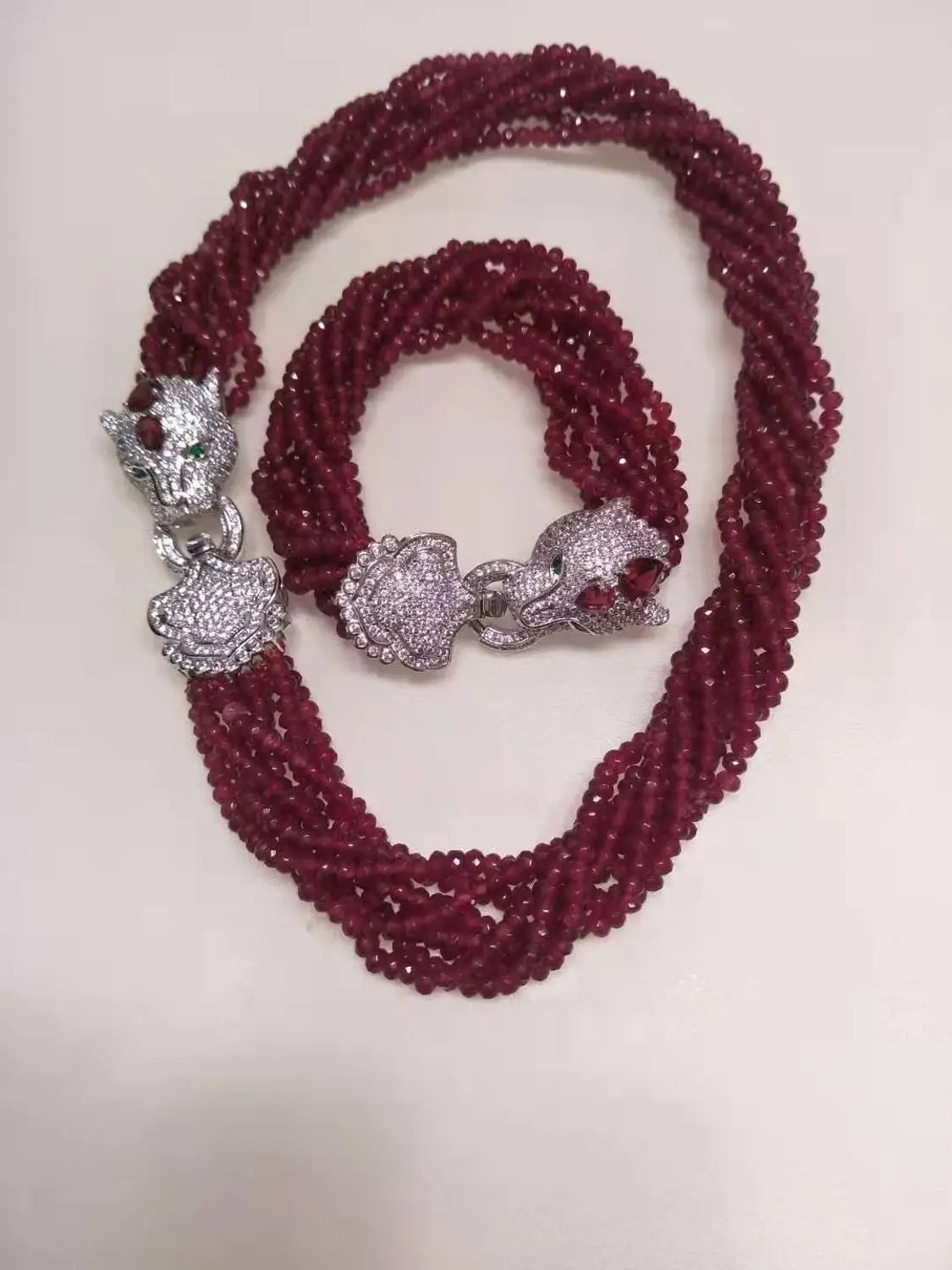 

Handmade two styles 8strands red and blue 2x4mm stone bracelet necklace zircon micro inlaid leopard head buckle necklace bracele