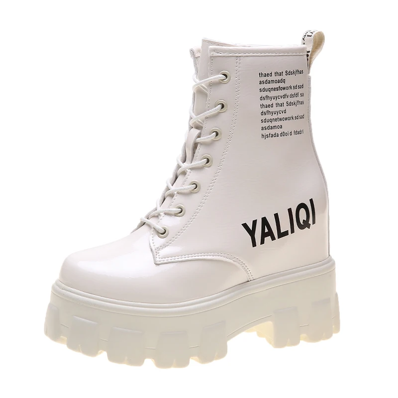 Ceny Nowe damskie botki 2019 jesienne lakierki wysokie trampki 10CM wysokie obcasy Chunky buty na platformie zima gruba podeszwa Boot