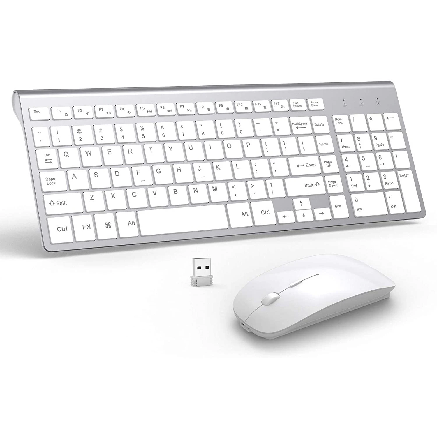 Wireless Keyboard and Mouse Combo, Full-size keyboard,,Slient Click Mouse for PC, Laptop, Desktop, Windows, Mac OS(Silver White)