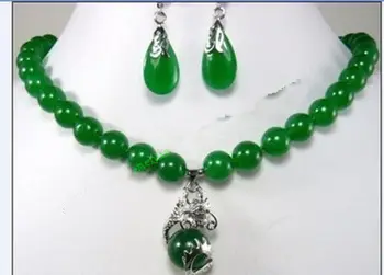 

good Fashion Jewelry beautiful 10mm green earring dragon pendant Necklace set 5.23