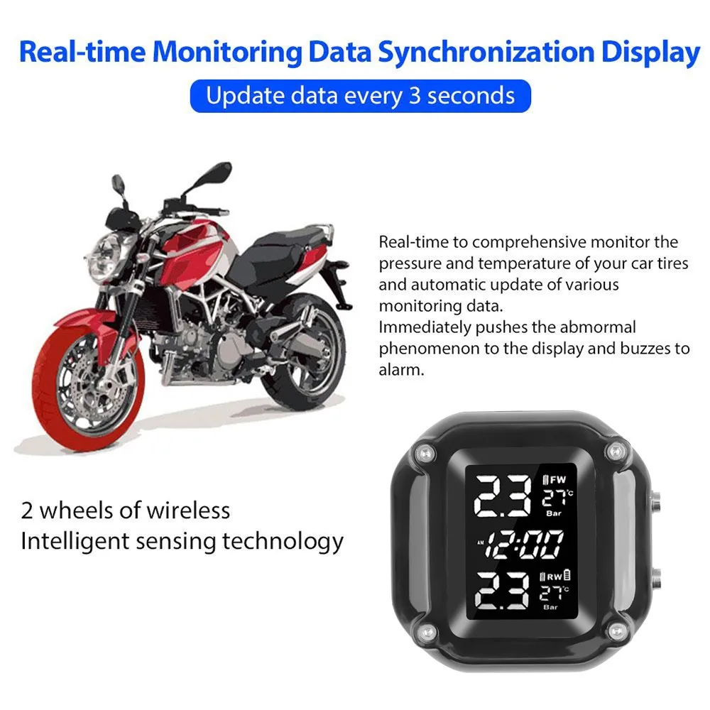 Motorcycle TPMS Motor Tire Pressure Tyre Temperature Monitoring Alarm System With 2 External Sensors Magnetic USB Quick Charging