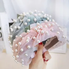 2021韩版新春款纯色蕾丝网纱钉珍珠头饰发卡打结宽边女士头箍C312