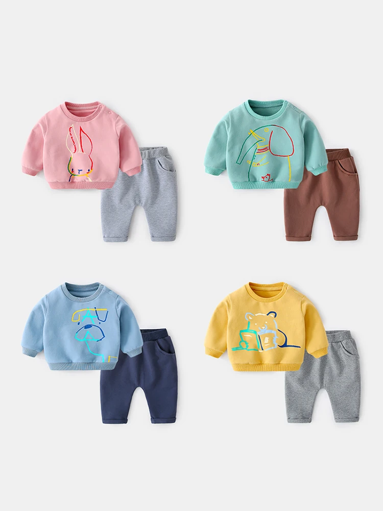 

Newborn Boy Terry Cotton Sweatshirt Pant 2pcs/Set Baby Girls Top trousers 2pcs Suit Infant Cute Anlimal Clothes 6m 9m 1t 2t Gift