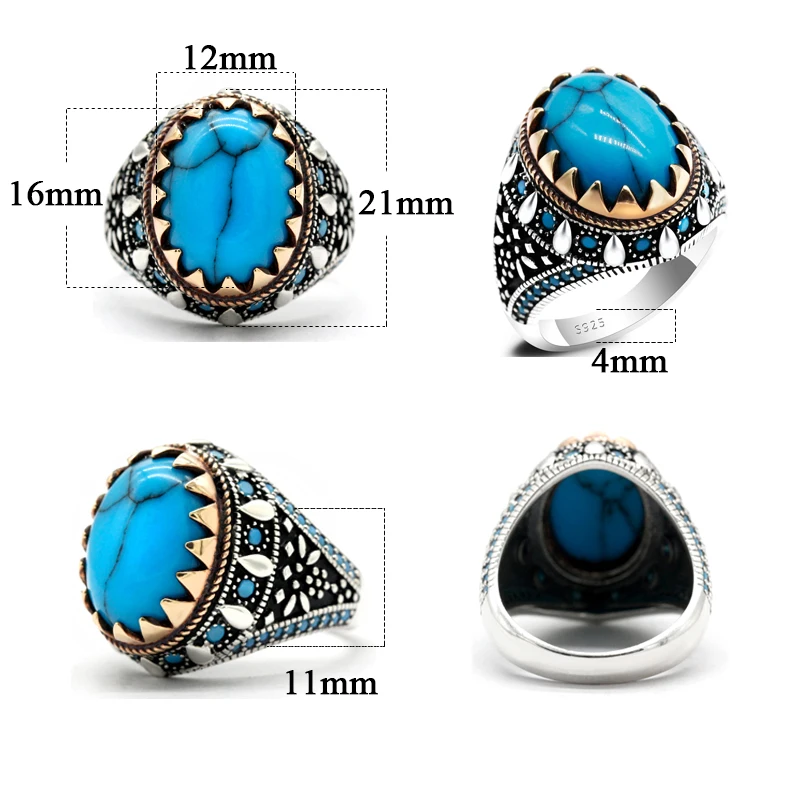 Anillo Turquesa De Plata De Ley 925 Para Hombre, Anillo De Estilo