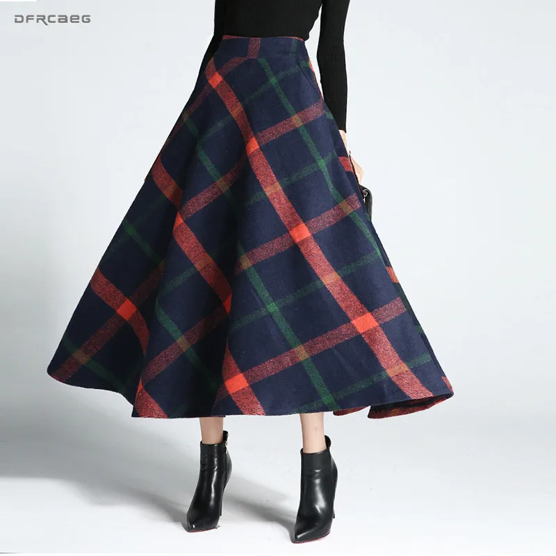 

High Waist Winter Warm Wool Long Skirts Women Fashion Streetwear Vintage Woolen Print Plaid Skirts Female Saias