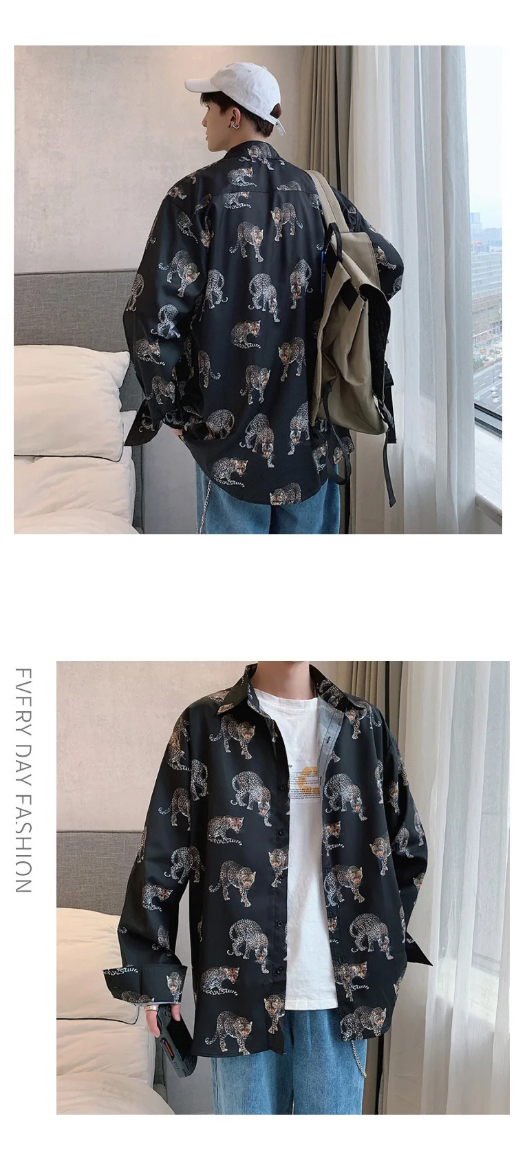 Men Long Sleeve Shirt Loose Japanese Streetwear Fashion Casual Shirts Polyester Print Animal Plus Asian Size M-5XL