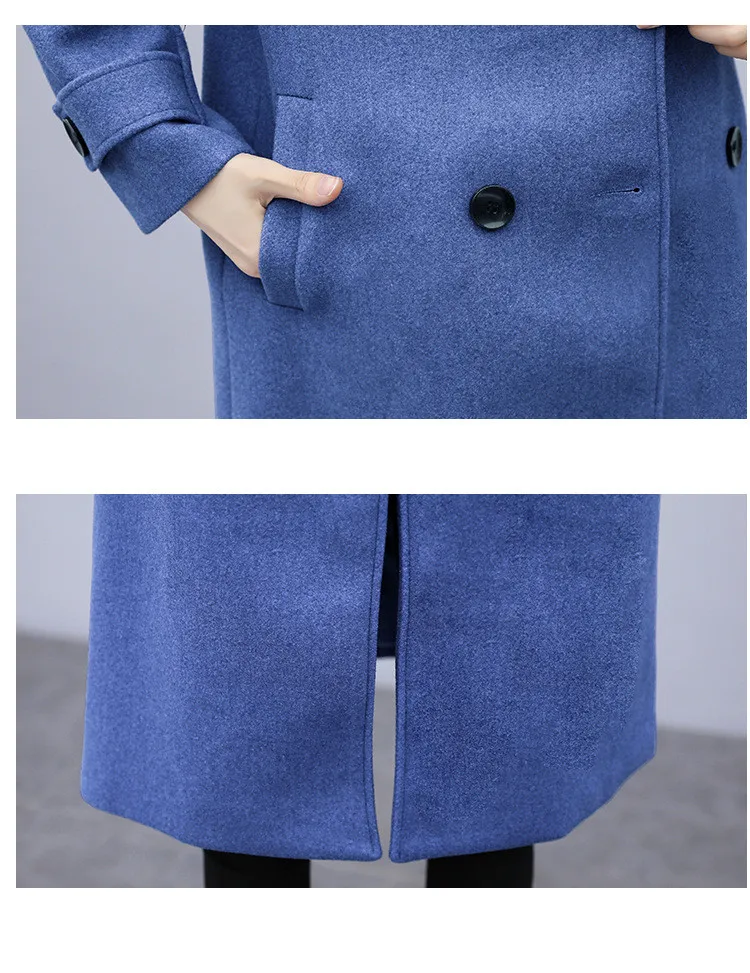 Осенне-зимняя шерстяная куртка большого размера длинное шерстяное пальто женское корейская версия синее Женское шерстяное пальто двубортный жакет