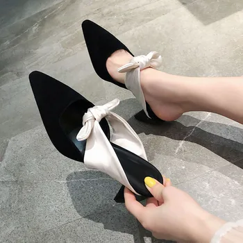 

Suede leather high heels shoes woman slippers poined toe summer shoes woman Mules Slipper ladies Shoes size 41 42
