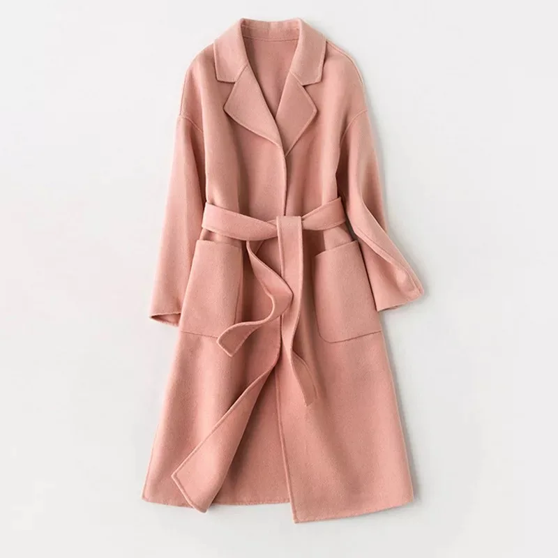 Pink Женское зимнее шерстяное двубортное длинное твидовое пальто с открытым стежком - Цвет: Pink