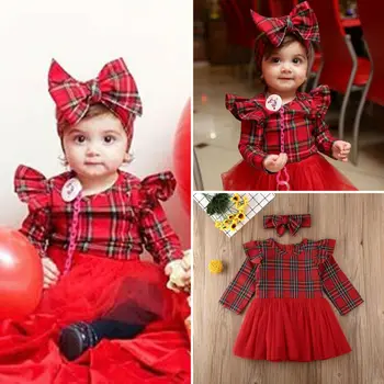 

Emmababy Christmas Toddler Baby Girl Plaid Clothes Long Sleeve Ruffles Mesh Patchwork Party Tulle Dress+Headband