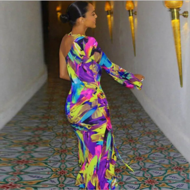 2020 Tie Dye One-Shoulder Flare Sleeve Slit Halter Sexy Maxi Dress Women Pleated Sexy Party Club Bodycon Dress