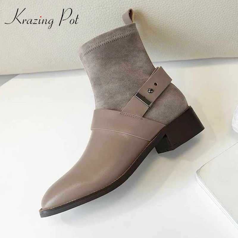 

krazing pot 2020 cow leather square toe basic British school simple knitting boots European med heels movie star ankle boots l57