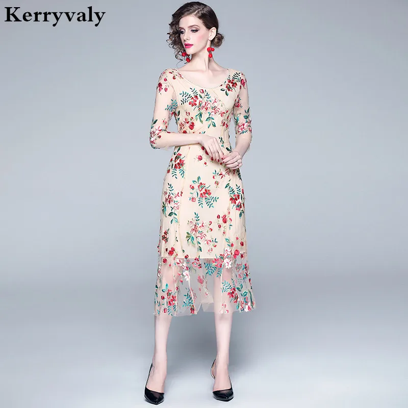 Retro Summer Floral Mesh Embroidered Dresses Vestido Invierno Mujer 2019 Women Beach Midi Party Dress Vestito Donna Estate K6553