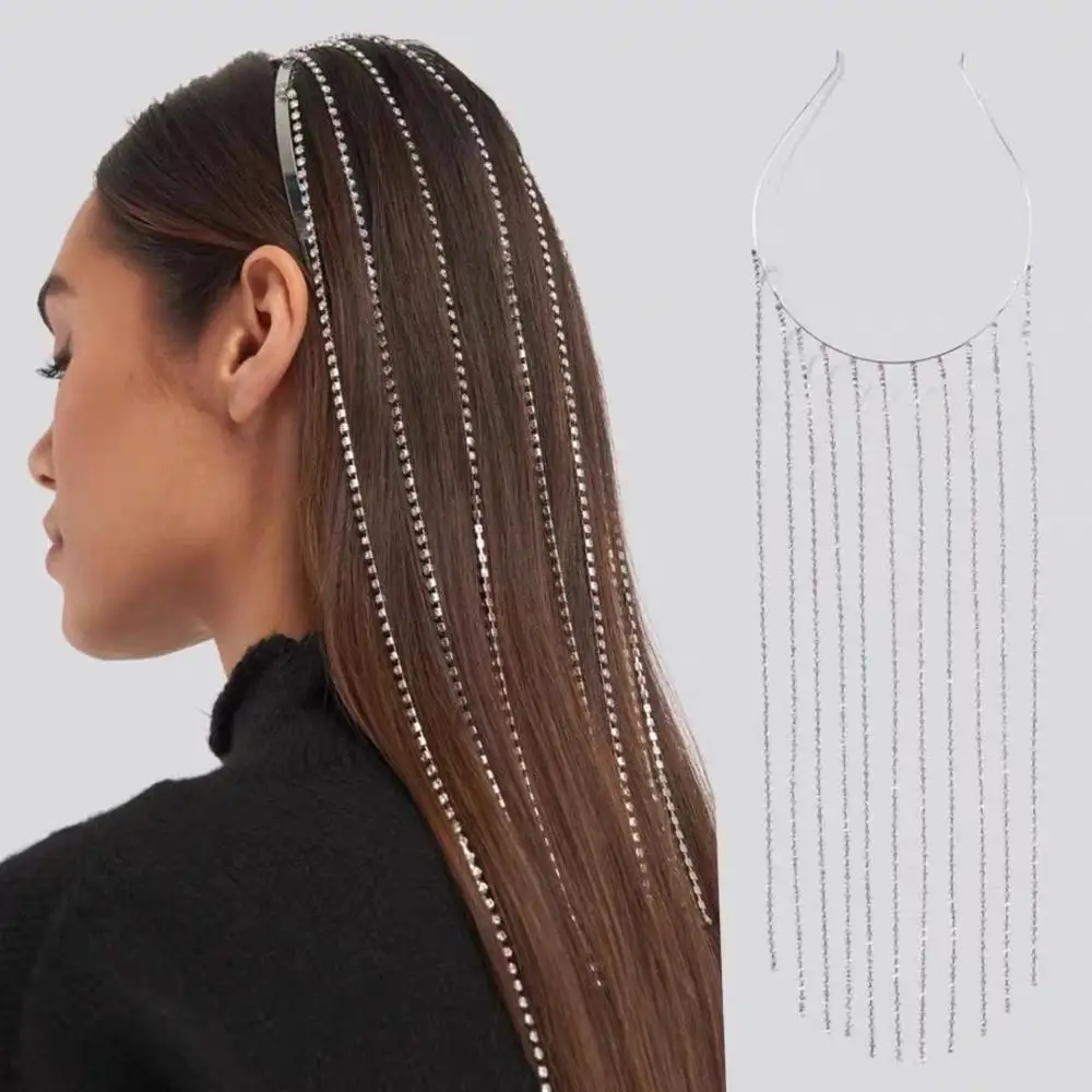Fashionable long tassel headband Rhinestone Jewelry for female brides shiny crystal headdress birthday party jewelry