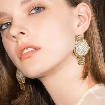 

Oversized Watch Shape Dangle Earrings Female Unique Design Exaggerated Crystal Rhinestone Shiny Big Earring Party Jewelry Gift