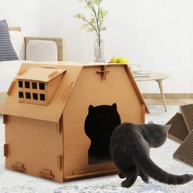 Кошачий дом инструмент картонная коробка DIY скребок ПЭТ Китти имеет небольшие внутренние окна из гофрированной бумаги сборные игрушки Поставки LB111810