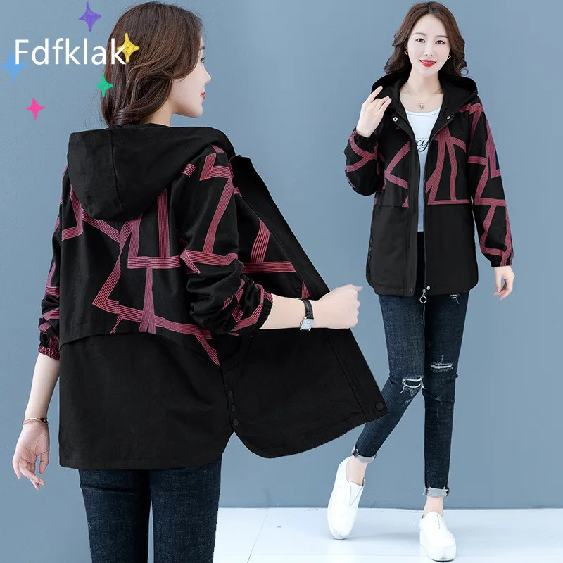 Fdfklak 5XL Large Size Printed Zipper Hooded Windbreaker Women New Middle-Aged Female Trench Coat Spring Autumn Casual Tops fdfklak hooded thick warm parkas women vintage printed down cotton winter coat middle aged mother overlength padded jacket
