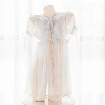 

Sexy Sailor uniform Collar Bowknot Nightdress Pink blue Cute Perspective Wrapped Chest Sleepwear Ruffle Homewear Pajamas Cosplay