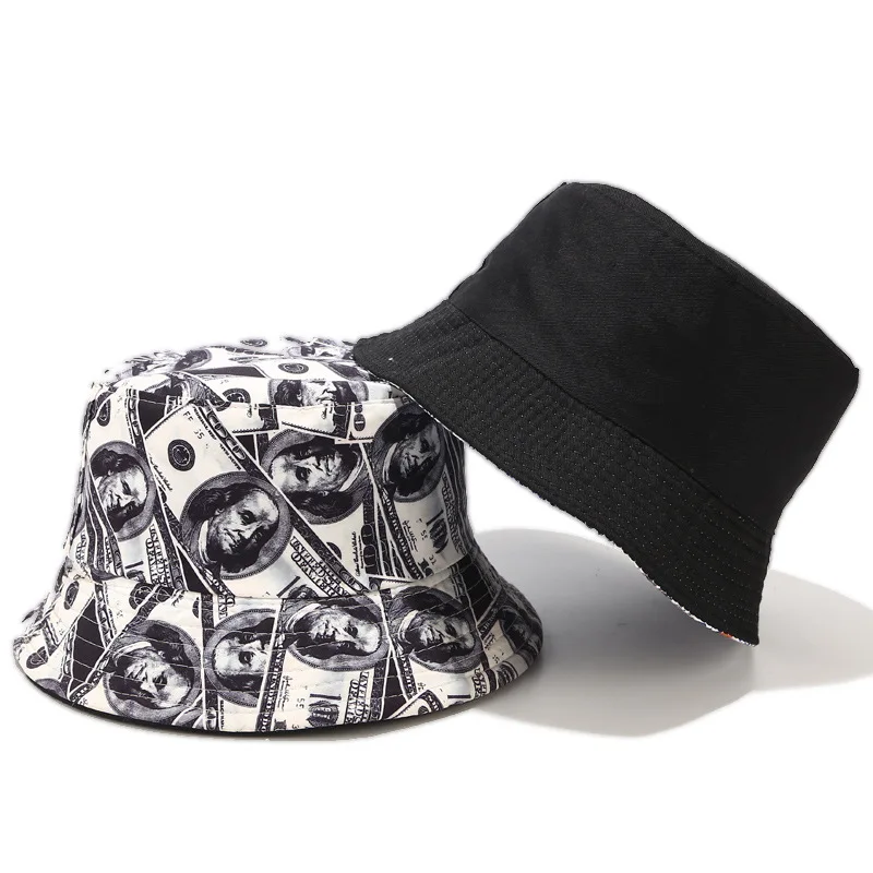 

2020 New Dollar Print Bob Chapeau Streetwear Men Bucket Hats Two Side Reversible Fisherman Hat Outdoor Gorros Pescador Hip Hop