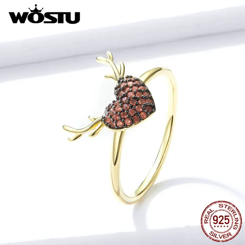 WOSTU 925 пробы серебряные кольца с рогами и в форме сердца для женщин обручальное кольцо с цирконием Золотое кольцо для влюбленных ювелирные изделия подарок FNR091