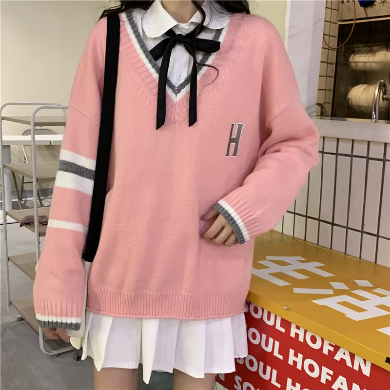 Шикарный японский винтажный свитер Harajuku в консервативном стиле, женский осенний корейский модный свободный простой Повседневный женский свитер с v-образным вырезом
