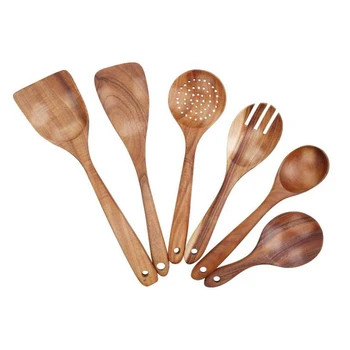 

6 Pcs Wooden Cooking Utensils Set - Cooking Spoons,Wooden Spatula, Strainer Spoon,Soup Ladle,Rice Paddle,Salad Servers