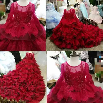 

Red Lace Tiered Girls Clothes Long Sleeves Kids Formal Wear Jewel Applique Flower Girl Dresses for Wedding with Long Train