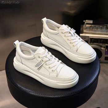 

Genuine Leather Casual Shoes Women Sneakers 2019 Autumn Light White Sneakers Platform Med Heel Ladies Shoe Comfortable 40
