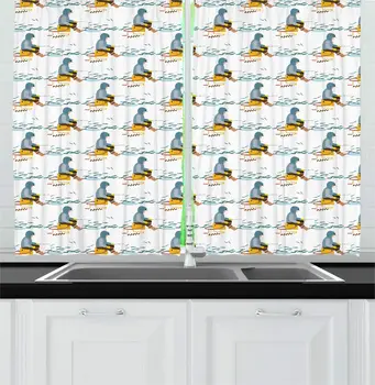

Multicolor Fish Theme Kitchen Curtains Repeated Demonstration Fishermen Catching Out The River Nautical Scene Window Drapes