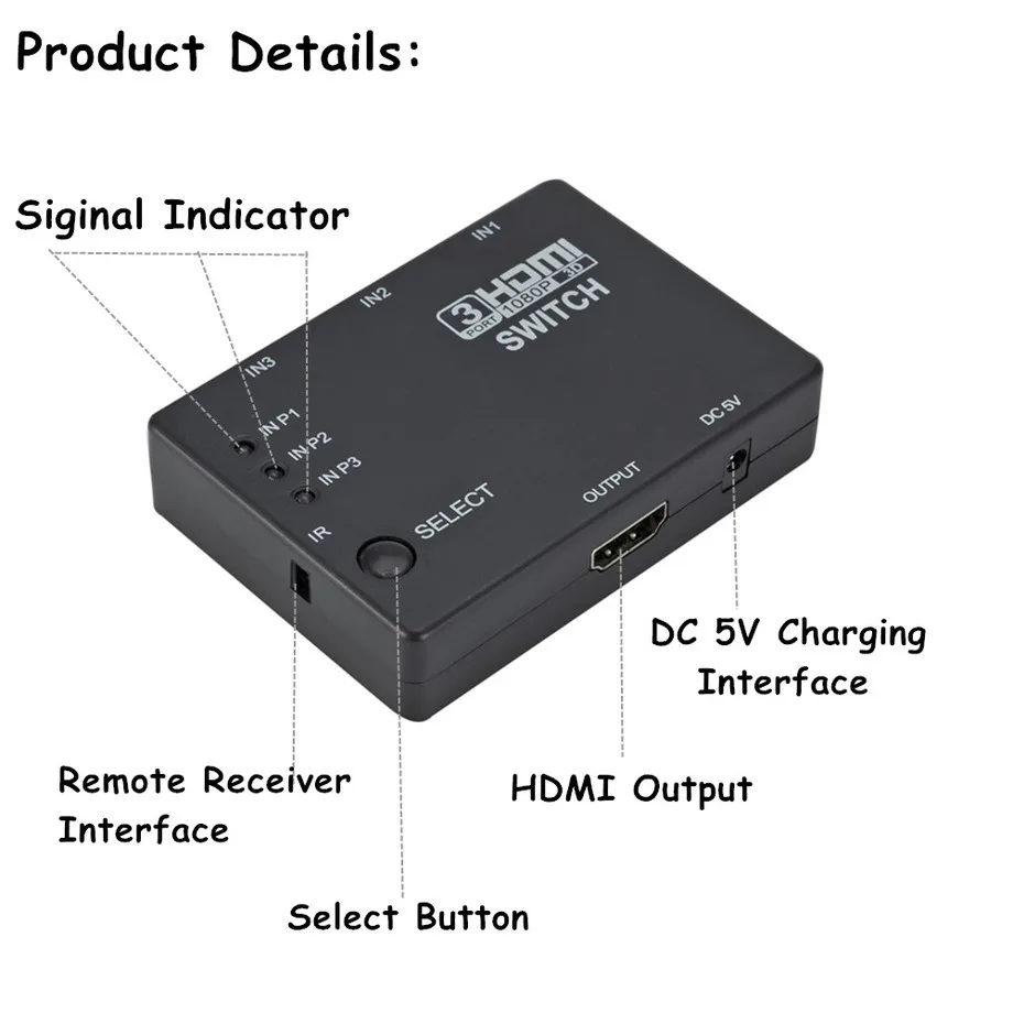 Grwibeou HDMI сплиттер 3 в 1 переключатель порта концентратор коробка Авто 3x1 1080p HD 4 с