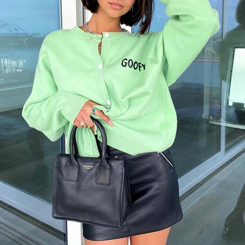 

Women's Fashion Baseball Sweater Woolen Cardigan Autumn Winter Sweater Letter Print Open Stitch Women Cardigan