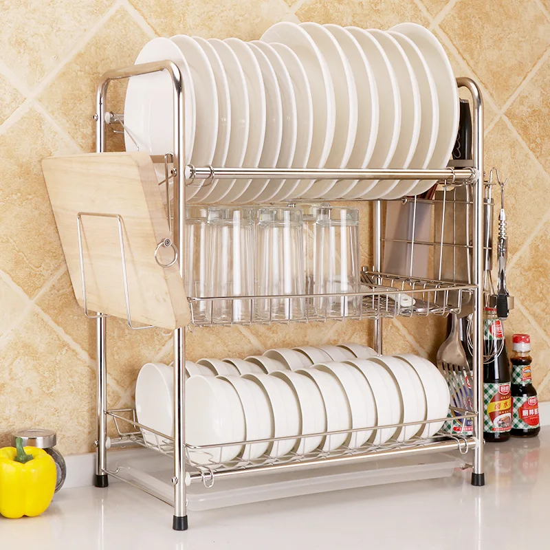 

[A Generation of Fat] 304 Stainless Steel Kitchen Water Draining Dish Rack Multi-functional Three Layer Dishes Storage Shelf