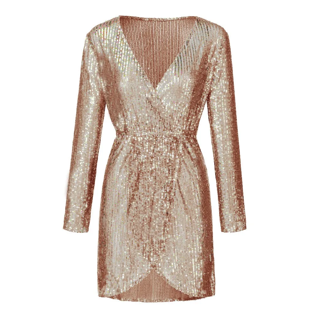 Deep V Sequins Wrap Ruched dress autumn and winter Long Sleeve Nightclub Dress elegant women dress long sleeve big size vestido