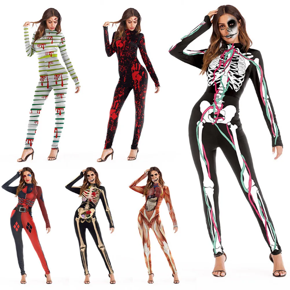

Womens Halloween Costume Bone Skeleton Jumpsuit Cosplay Long Sleeve Bodysuit NFE99