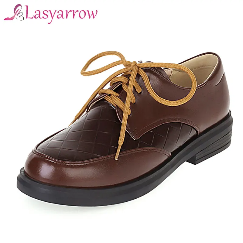 

Lasyarrow New Women Oxford Shoes Casual Shoes Lace up Heels Pumps Comfortable Black Beige 2021 Spring Fashion Women Shoes