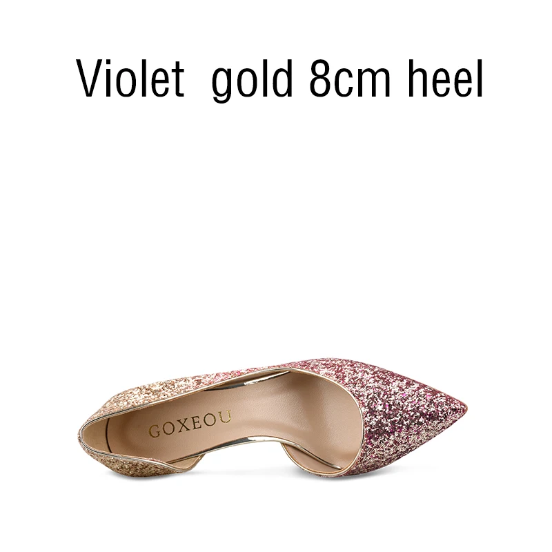 GOXEOU; коллекция года; женская обувь; size32-46 обувь на тонком высоком каблуке; пикантная обувь с острым носком без шнуровки; обувь ручной работы для свадьбы и офиса; - Цвет: Violet gold 8cm heel