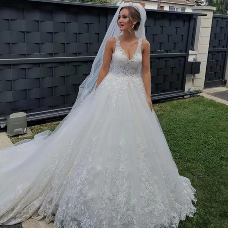 Дубай Свадебные платья Аппликация Vestido de noiva Белые Свадебные платья Тюль Линия V образным вырезом robe de mairee Saudi арабский свадебное платье