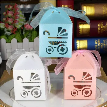 

New DIY 50pcs 5x5x8cm Ribbons Included Carton Wedding Candy Box / Baby Trolley Laser Cute Gift Boxes Party Favors Casamento