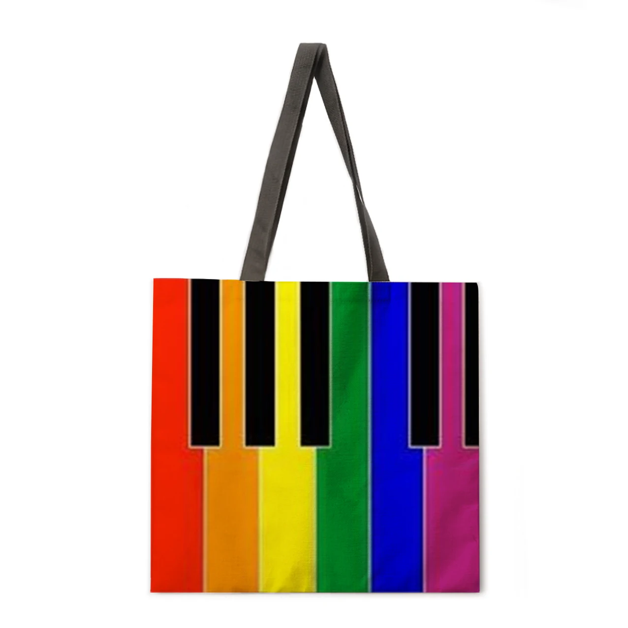 Ladies Shoulder Bag Rainbow Stripe Printing Casual Handbag Linen Fabric Handbag Reusable Shopping Bag Foldable Beach Bag Handbag