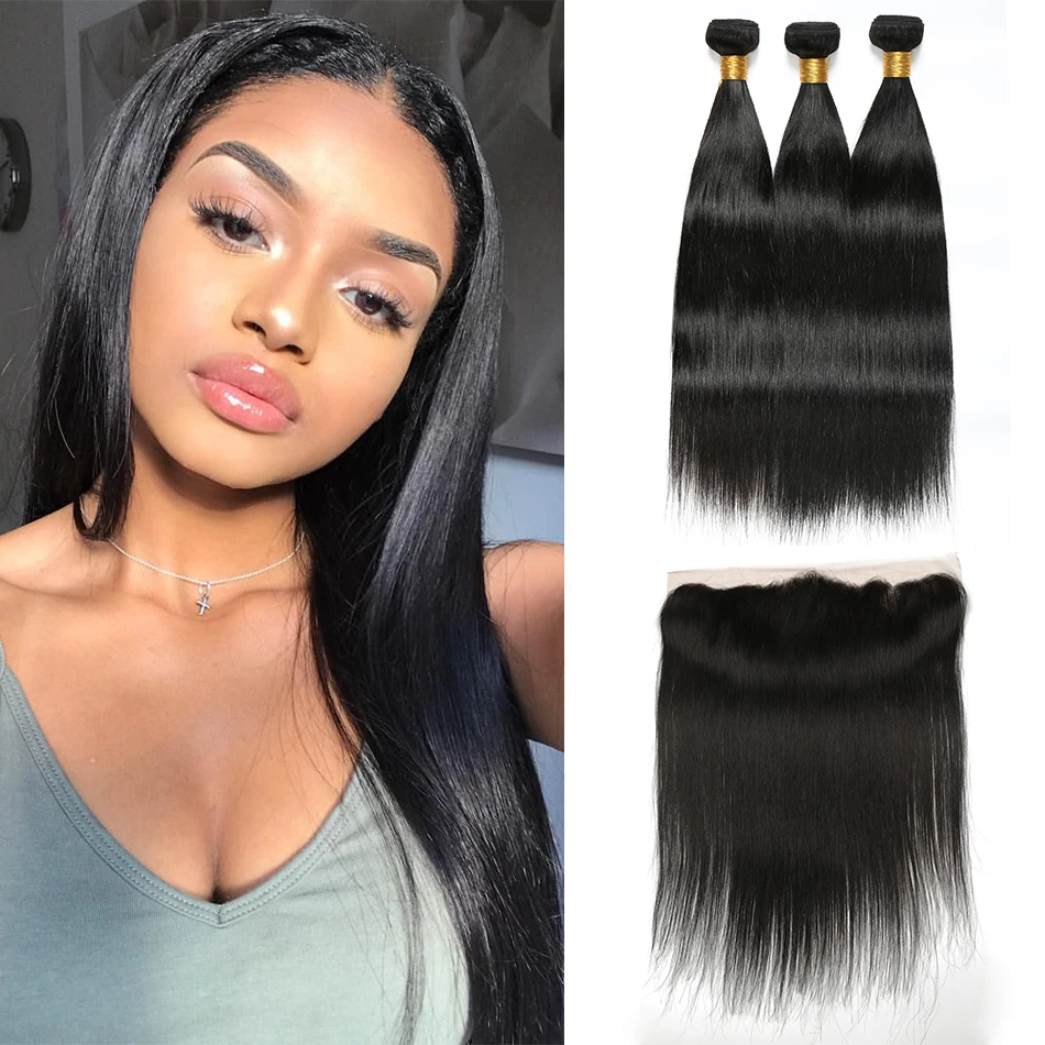 Straight Hair Bundles With Frontal Closure Brazilian Weave Wonder Beauty Remy Human Extension | Шиньоны и парики
