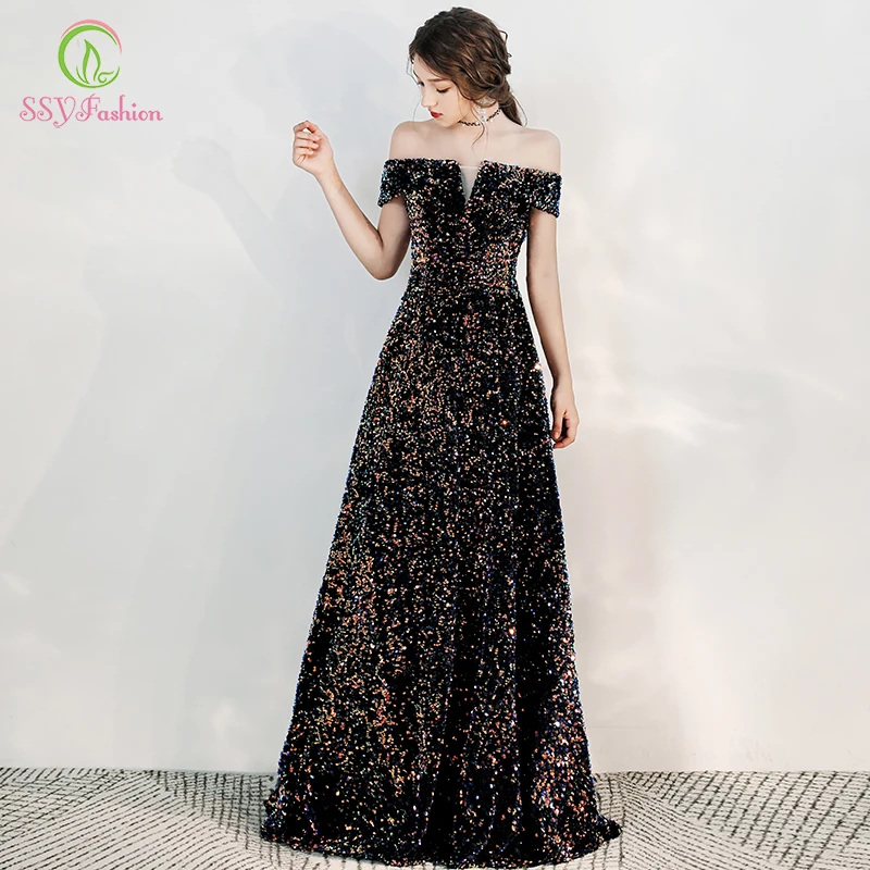 SSYFashion новые роскошные Сияющие Блестки вечернее платье, для банкета элегантный вырез лодочкой длинное платье на выпускной, торжественное бальное платье для девочек, Vestidos De Fiesta, De Noche