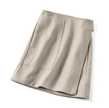

Women's Wool Blend Asymmetric Design Mini Skirt A-line Solid Color Buttons Elegant Lady Short Skirt