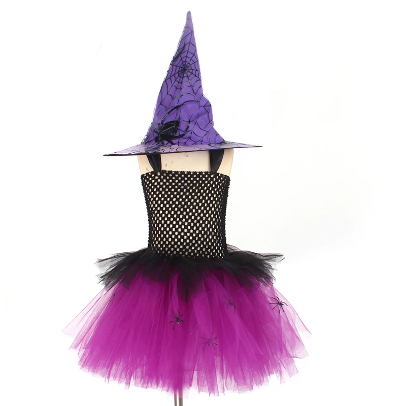 Spider Girls Witch Tutu Dress with Hat Black Purple Children Halloween Carnival Cosplay Witch Costume Kids Party Fancy Dresses (1)