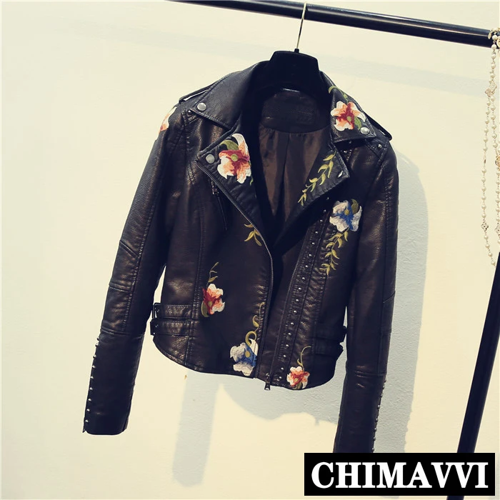 

New Autumn and Winter Slim Joker Black Rivet Embroidery Washed Pu Leather Jacket Women's Black Motorcycle Jacket Short PU Coat