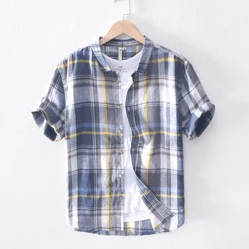

Men's Short Sleeve Shirts 100%Linen Plaid Turn-down Collar Fashion Casual Summer Man Tops Y2307